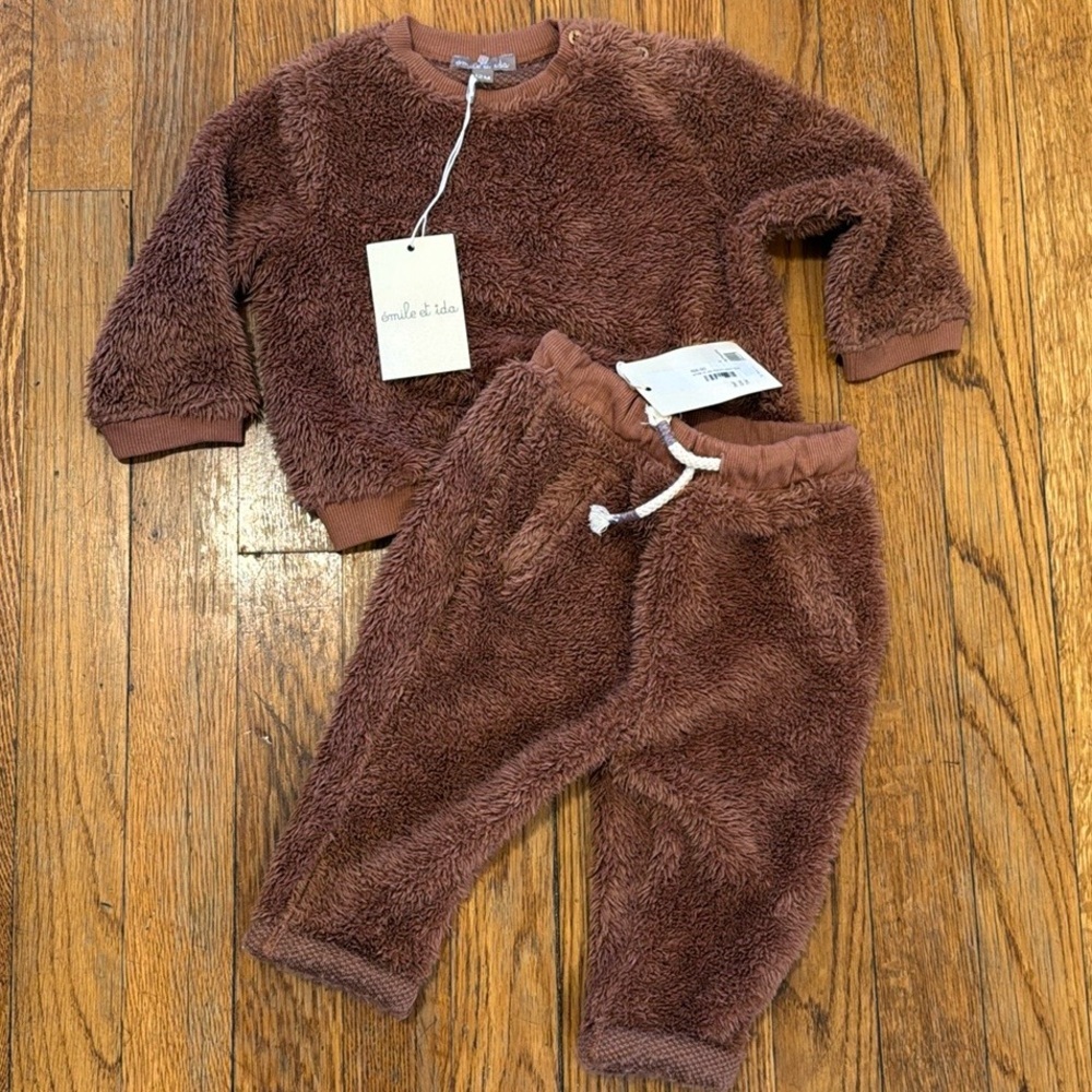 NWT Emile et Ida Auburn brown bear fuzzy 2 piece sweatshirt jogger set 6m 12m